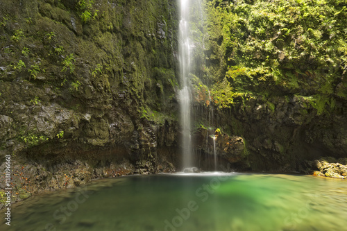 Magical waterfall in the end of Levada Caldeirao Verde  Madeira  Portugal