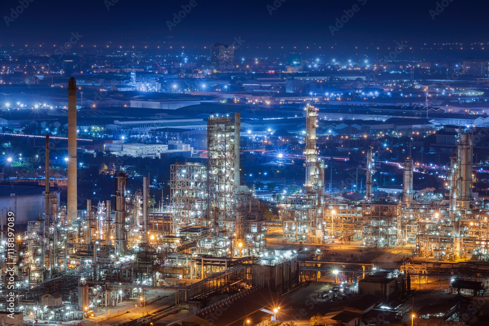 Oil Refinery factory at twilight , petrochemical plant , Petroleum , Chemical Industry