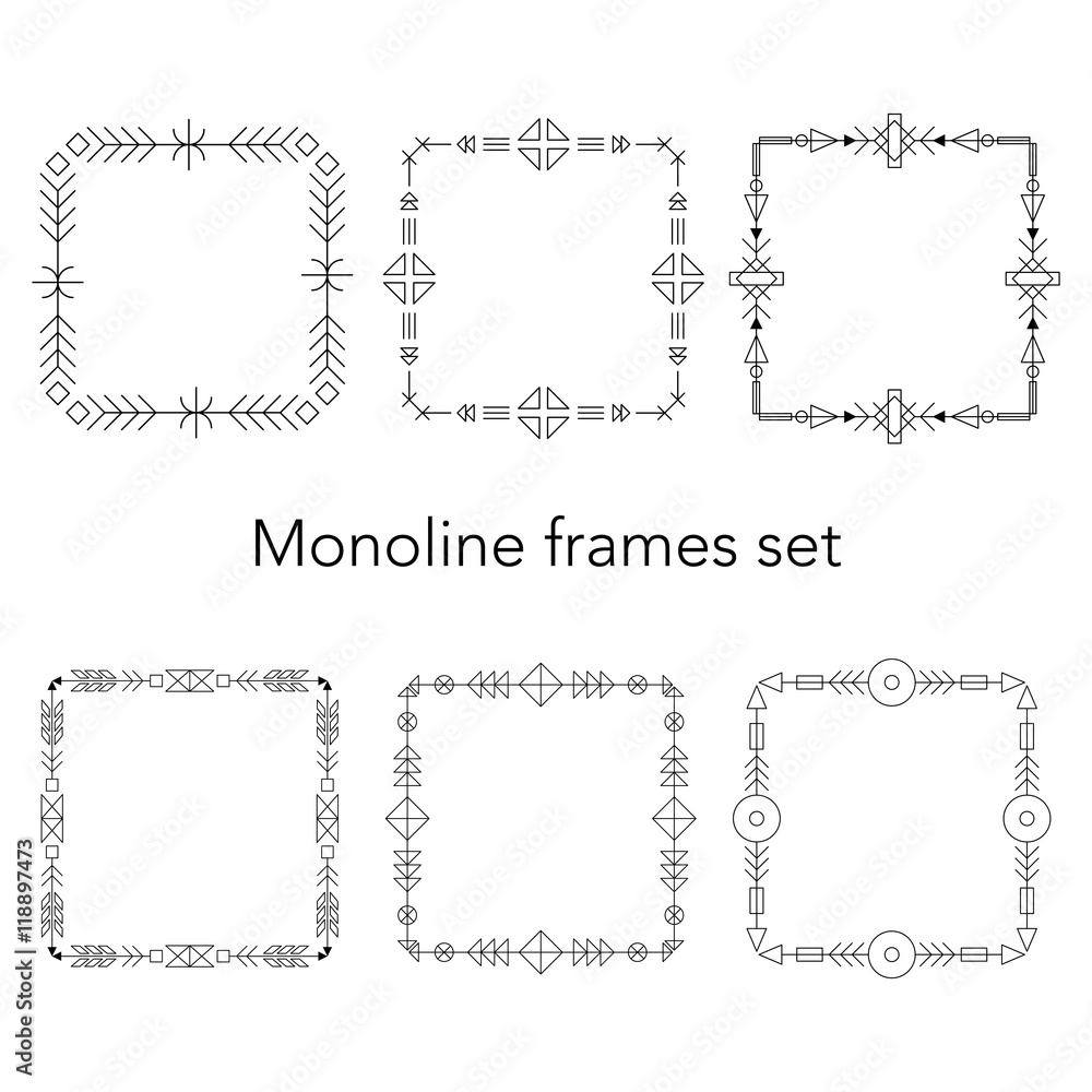 Tribal mono line hipster trendy style frames set. Vector illustration