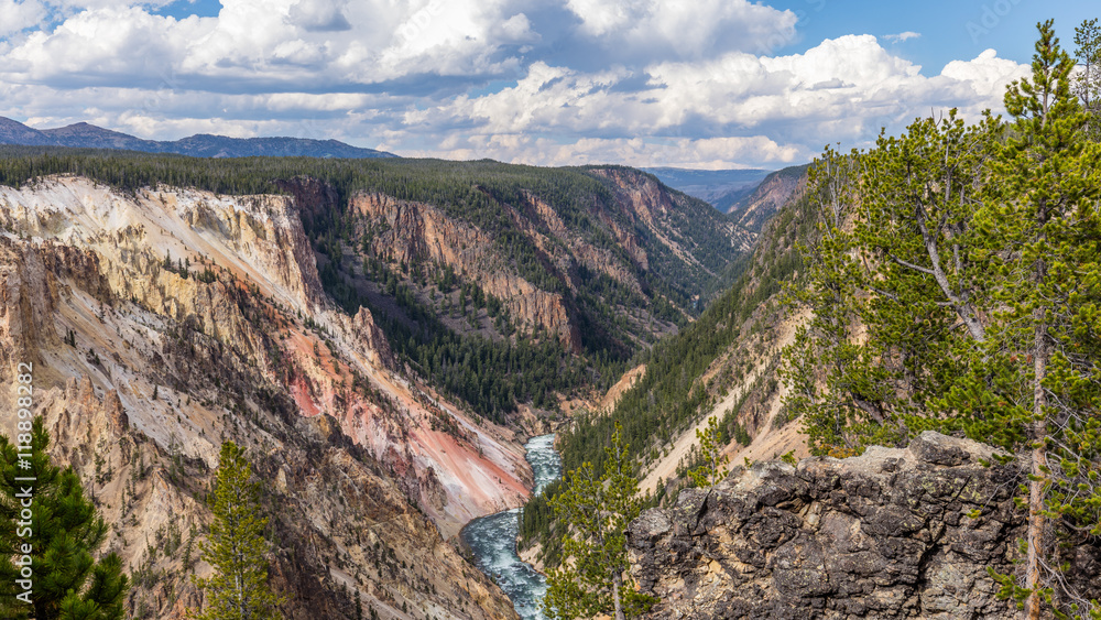 Mountain landscape. Stormy river flows in a narrow gorge. Point sublime on the Grand Canyon of the Yellowstone, Yellowstone National Park, Wyoming