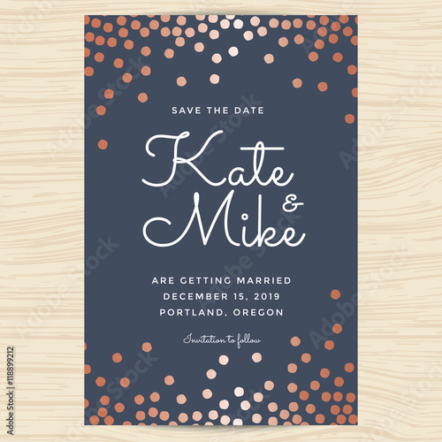 Save the date, wedding invitation card template with copper color circle background. Vector illustration.