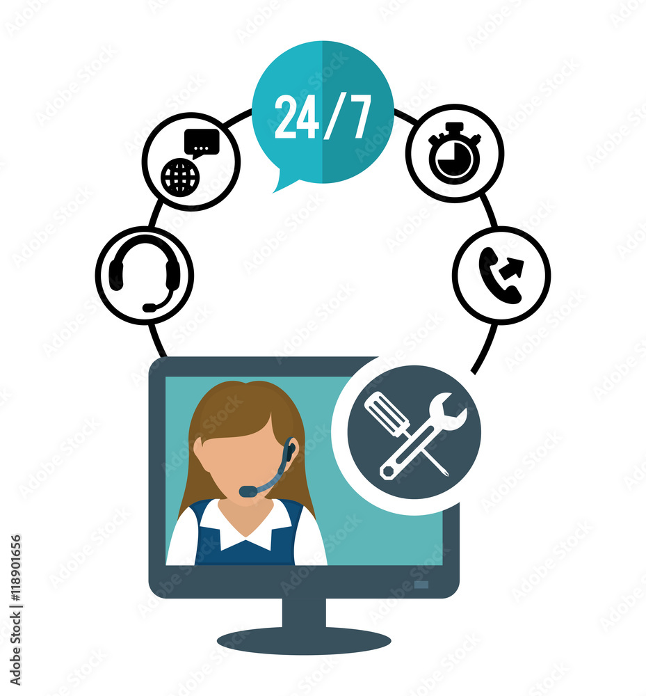woman headphone tools computer customer service technical service call center icon set. Colorful and flat design. Vector illustration woman headphone tools computer customer service technical service call center icon set. Colorful and flat design. Vector illustration
