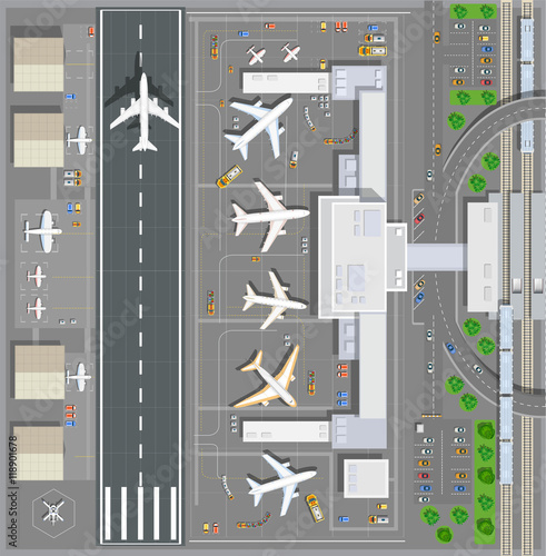 Airport passenger terminal top view. The runway of the aircraft. Buildings hangar for airplanes and helicopter landing pad. Railway station with train and parking with cars. Stock vector illustration