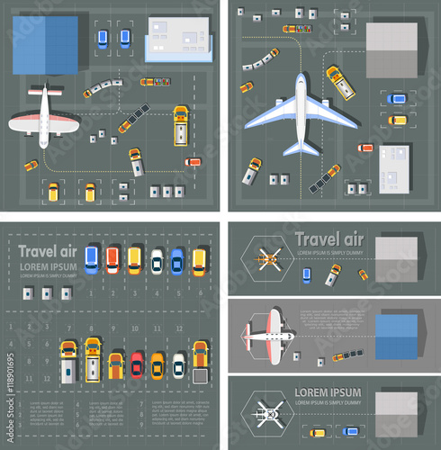 Airport passenger terminal top view. The runway of the aircraft. Buildings hangar for airplanes and helicopter landing pad. Parking with cars. Bundle vector illustration
