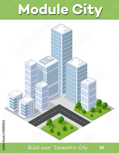 3D isometric city landscape of skyscrapers, houses, gardens and streets in a three-dimensional top view