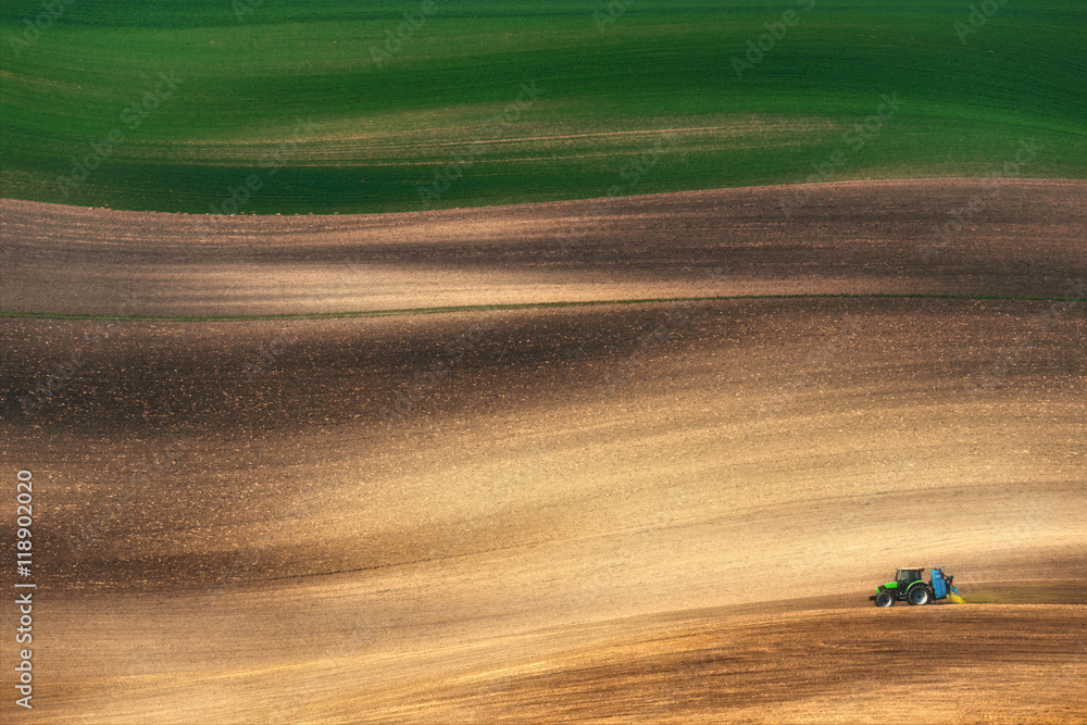 Farming tractor plowing and spraying on field. Small blue tractor working on a colorful spring field.Agriculture tractor cultivating field and creating abstract background texture