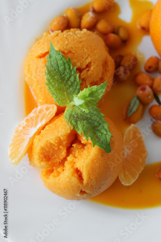 homemade ice cream: sorbet of sea buckthorn.