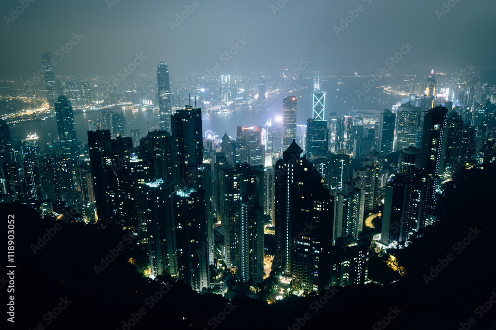 Hazy view from Victoria Peak at night, in Hong Kong, Hong Kong.