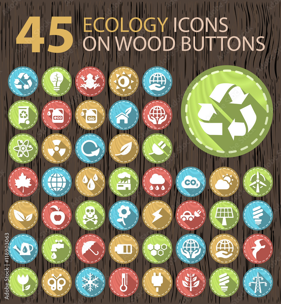 Set of 45 Universal Flat Ecology Icons on Wood Vintage Buttons. Set of 45 Universal Flat Ecology Icons on Wood Vintage Buttons.