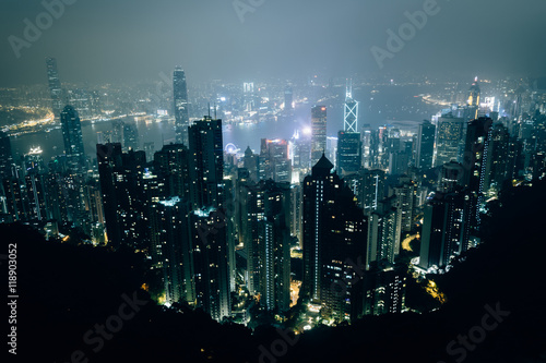 Hazy view from Victoria Peak at night  in Hong Kong  Hong Kong.