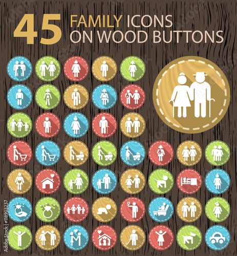 Set of 45 Universal Contemporary Flat Family White Icons on Wood Vintage Buttons.