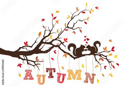 Atumn tree with squirrels, vector