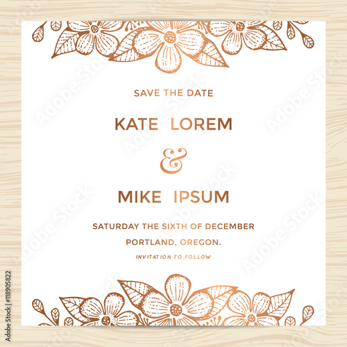 Save the date, wedding invitation card template with hand drawn flower wreath in copper color. Minimal design. Vector illustration.