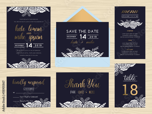 Set of wedding suite template decorate with white rose and golden text includes save the date, wedding invitation, wedding menu, RSVP, thank you card, table number. Vector illustration.