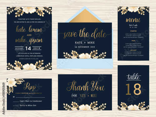 Set of wedding suite template decorate with wreath flowers and golden text includes save the date, wedding invitation, wedding menu, RSVP, thank you card, table number. Vector illustration.