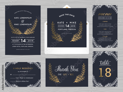 Set of wedding suite template decorate with flowers in navy blue color includes save the date, wedding invitation, wedding menu, RSVP, thank you card, table number. Vector illustration.
