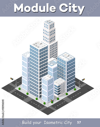 Isometric perspective city with streets, houses, skyscrapers, parks and trees