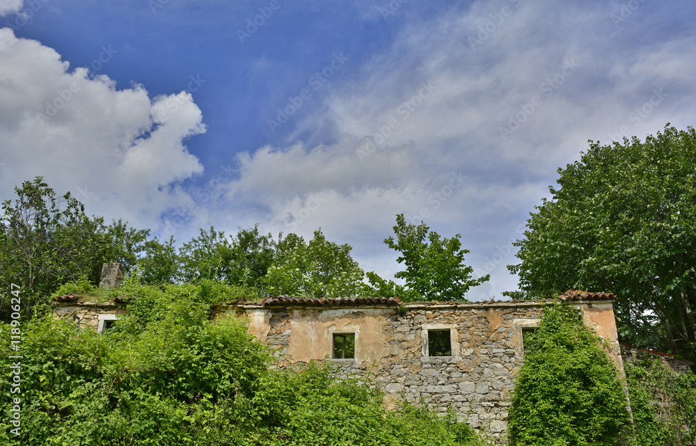 A derelict farming building in the historic village of Jelovice in Primorje-Gorski Kotar County in northern Croatia.
