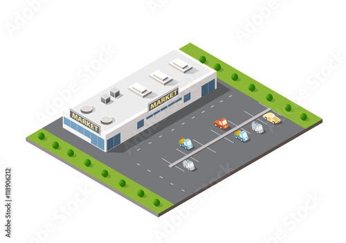 Large supermarket shopping 3d commercial center with shops and offices with parking a big city car