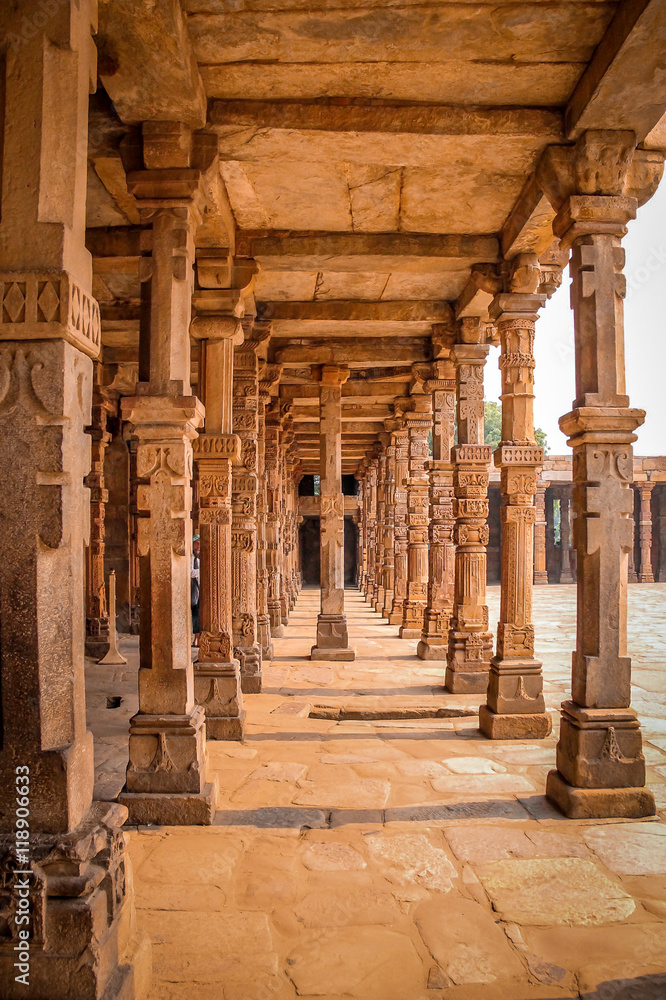 Columns of Quwwat-Ul-Islam mosque, Qutb Minar complex, New Delhi, India