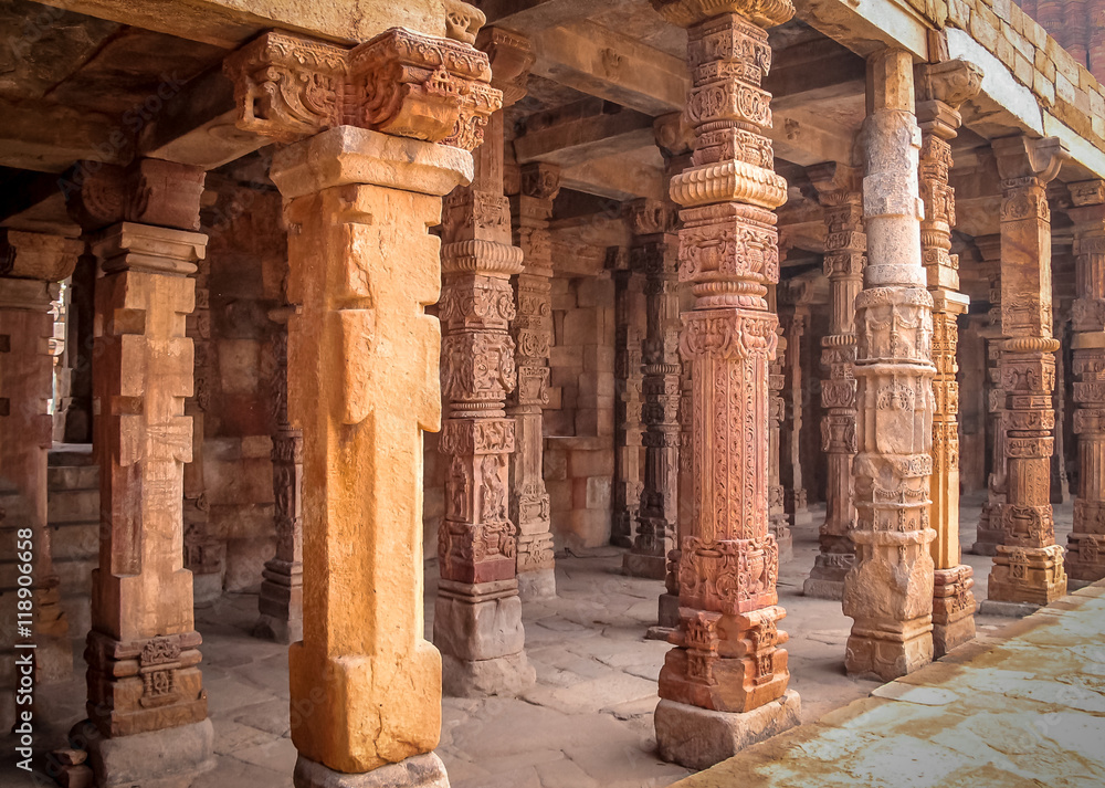 Columns of Quwwat-Ul-Islam mosque, Qutb Minar complex, New Delhi, India