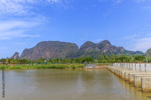 elephant mountain and small concrete dam at phang nga province in south Thailand
