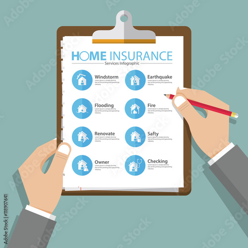 Infographics of home or real estate insurance report  in flat design. Hand holding clipboard. Vector Illustration