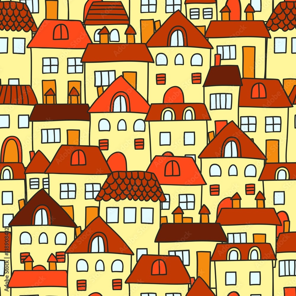 Cute cartoon pattern with houses. Seamless background.