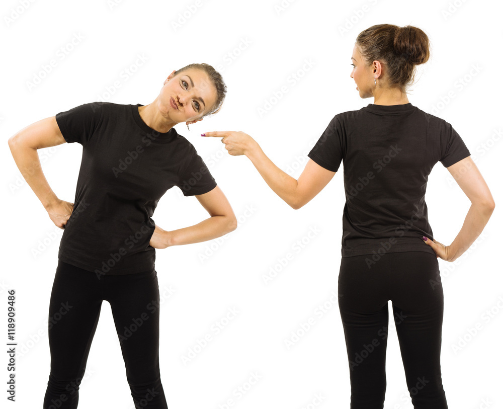 Funny woman wearing blank black shirt front and back