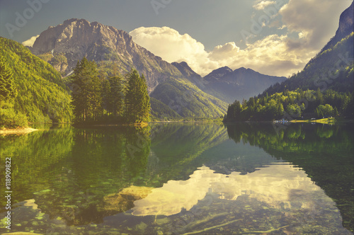 mountain lake in the Italian Alps,retro colors, vintage