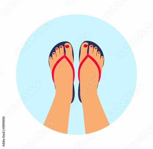 Vector illustration female feet with a pedicure in the summer flip-flops. summer - concept background