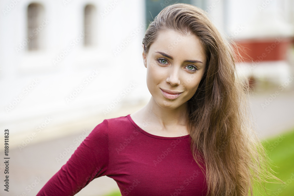 Portrait close up of young beautiful brunette woman