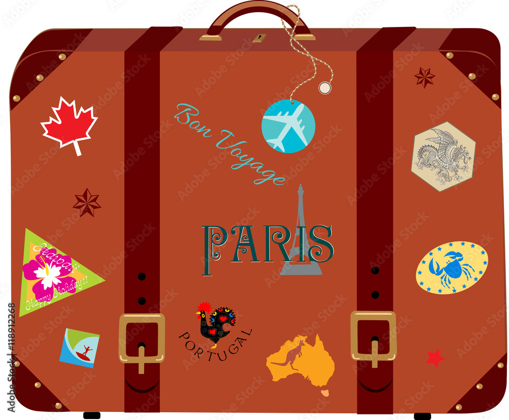 Vintage suitcase with collection of travel labels Vector Image