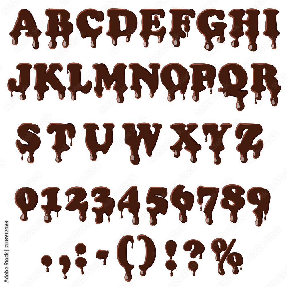 Chocolate alphabet with numbers isolated on white background. English font in chocolate texture set collection vector illustration Chocolate alphabet with numbers isolated on white background. English font in chocolate texture set collection vector illustration