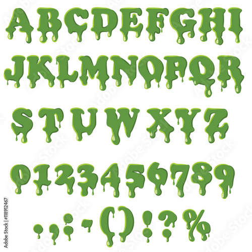 Slime alphabet with numbers isolated on white background. English font in slime texture set collection vector illustration