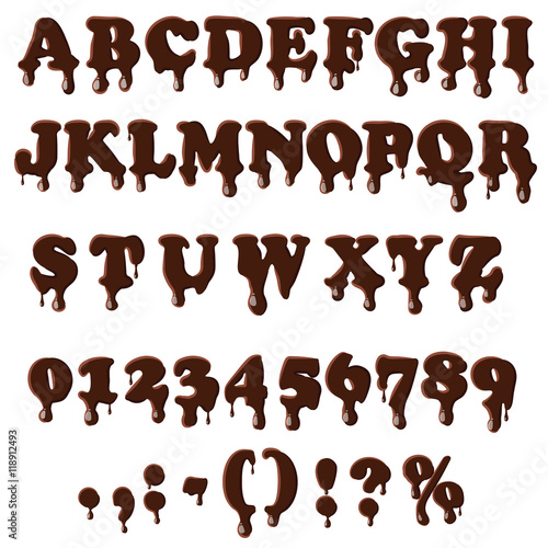 Chocolate alphabet with numbers isolated on white background. English font in chocolate texture set collection vector illustration