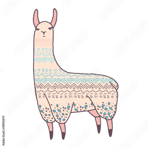 Vector cute lama illustration. Llama or alpaca hand drawn ink sketch. Cute mammal animal drawing with decorative ornaments