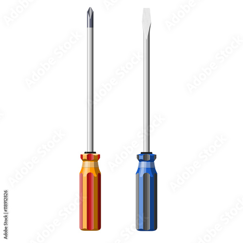 Set of Realistic Screwdrivers, crosshead and flathead. Vector Illustration