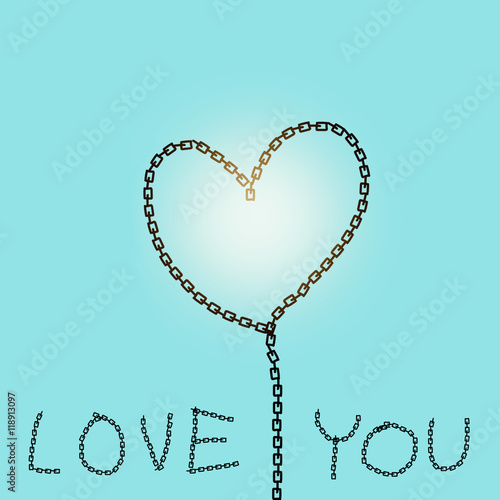 Love card with chains and hearts with blue background and sunlig