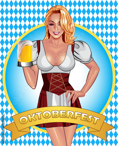 Oktoberfest poster design. Beautiful smiling sexy blonde girl in traditional oktoberfest waitress dress holding misted mug of golden beer. Oktoberfest party and fun concept.