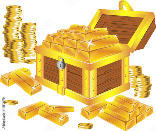 Bild auf Leinwand stack of golden bars in chest with coins isolated on white, vector illustration
