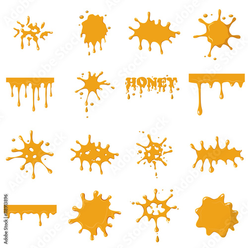 Honey spot isolated on white background. Orange honey leaking set collection vector illustration