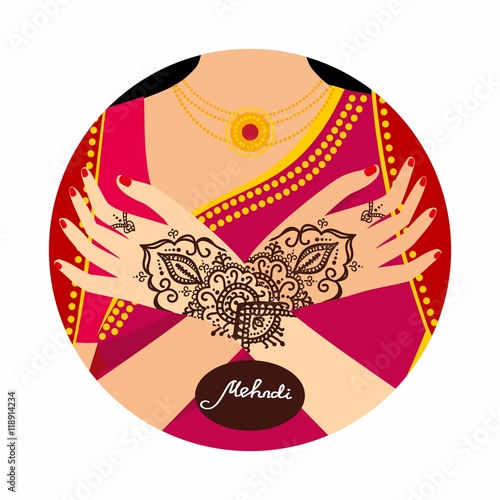 Element yoga mudra hands with mehendi patterns. Vector illustration for a yoga studio, tattoo, spas, postcards, souvenirs. Indian traditional lifestyle.