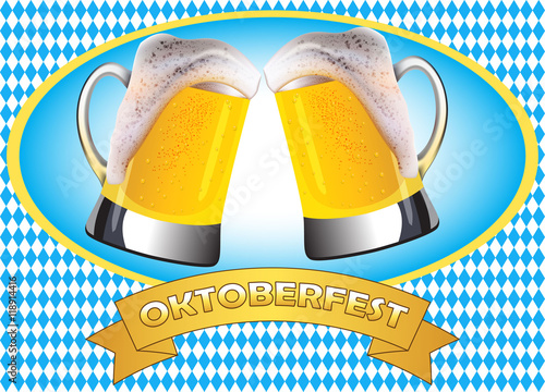 Oktoberfest poster design. Two misted mugs of golden beer clashing together on traditional oktoberfest pattern.