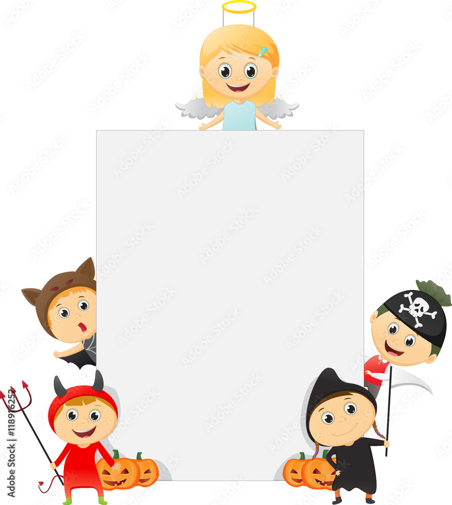 Happy Kids Wearing Halloween Costume with a blank sign Happy Kids Wearing Halloween Costume with a blank sign