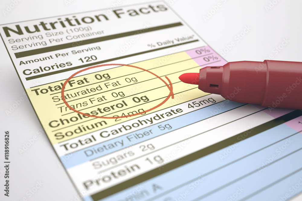 Nutrition facts with zero values of fat, marked with a red pen. Nutrition facts with zero values of fat, marked with a red pen.