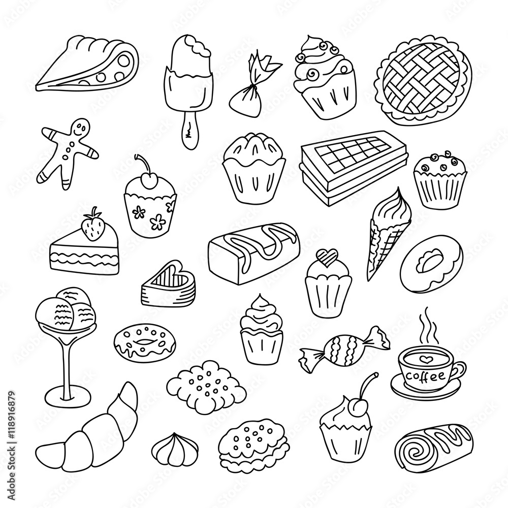 Set doodles elements bakery, puncakes and desserts