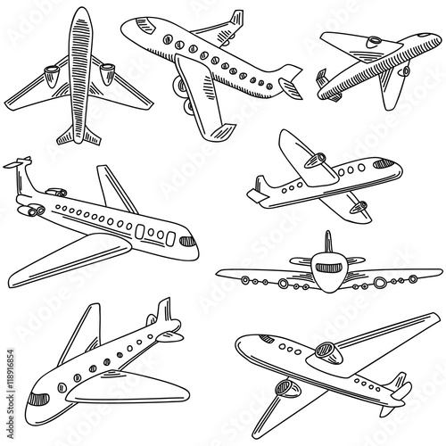 Set of doodle airplanes. Hand draw icons
