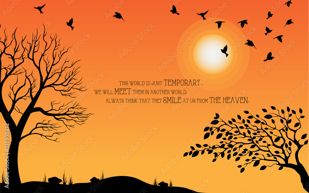 Heaven illustration on theme of Halloween. Bird, tree, sun, and stone silhouette on cemetery in autumn afternoon ambience. Wishes for Happy Halloween. Trick or treat. Vector illustration
