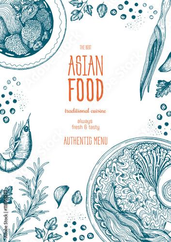 Asian food frame. Linear graphic. Vector illustration of asian food. Linear graphic. Soup and ramen illustration